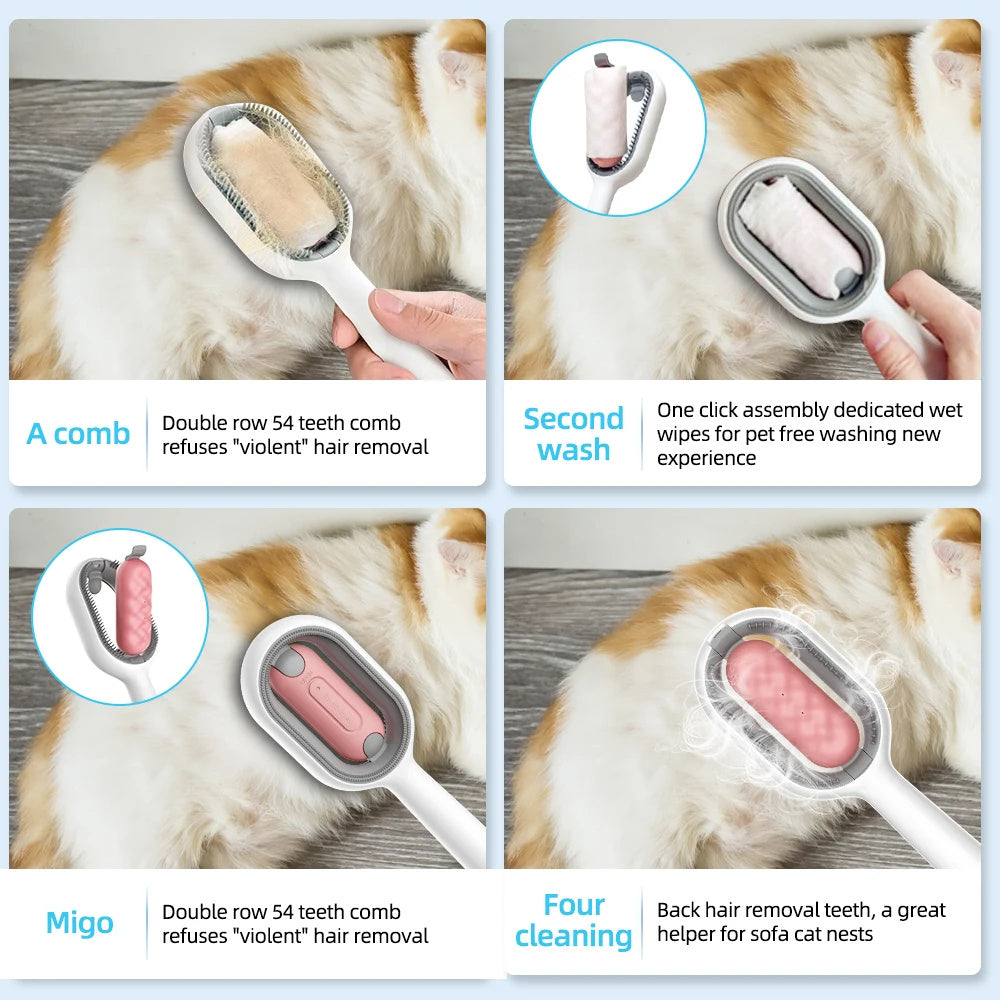 Cat Hair Brush With Water, Sticky Brush For Cats, 4 In-1 Cat Grooming Brush Creative Update Cat Dog Grooming Comb With Water Tank Double-Sided Hair Removal Brush Kitten Pet Supplies Accessories