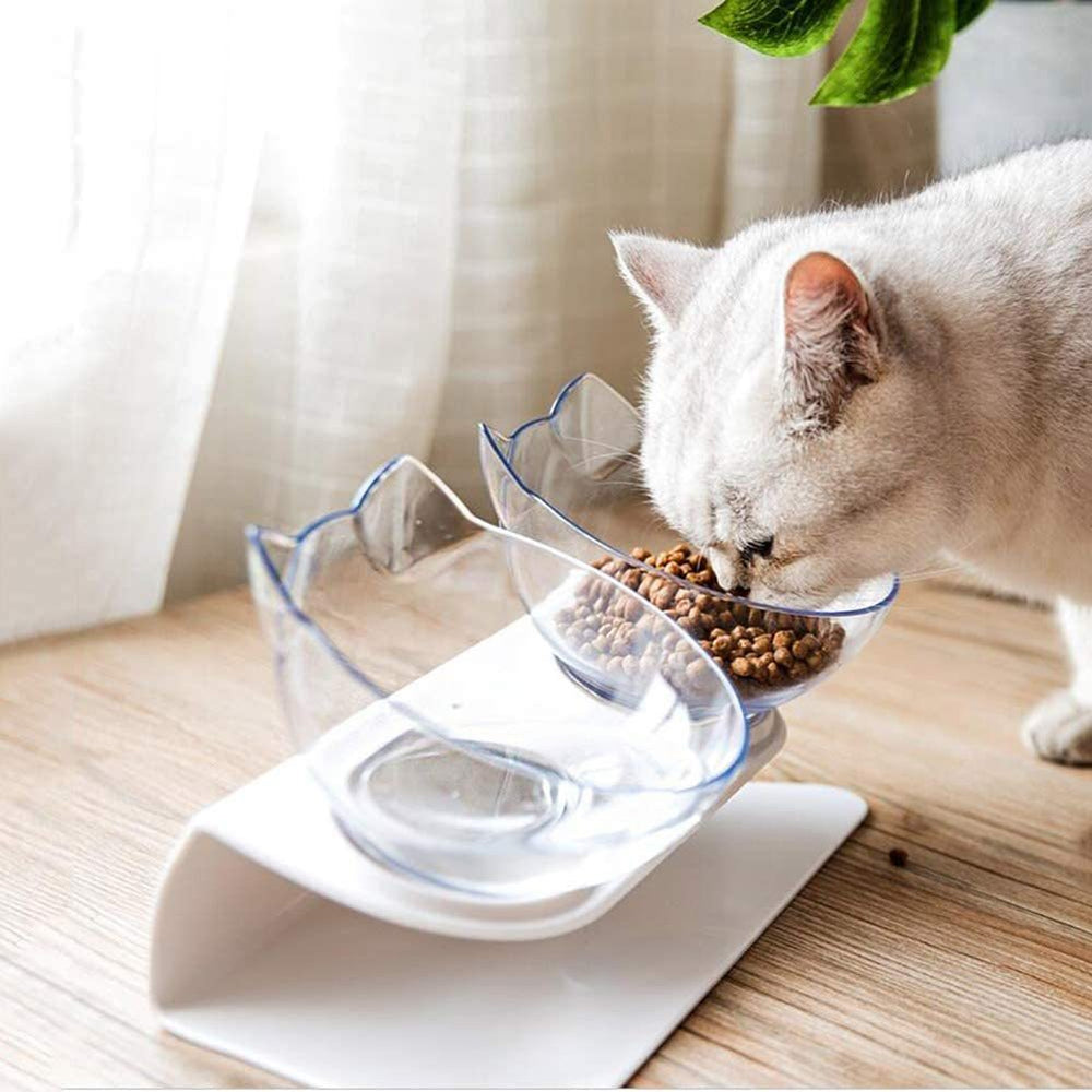 Non Slip Double Cat Bowl With Raised Stand Pet Food Cat Feeder Protect Cervical